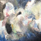Abstract mixed media artwork with layered textures in muted blues, grays, and earth tones