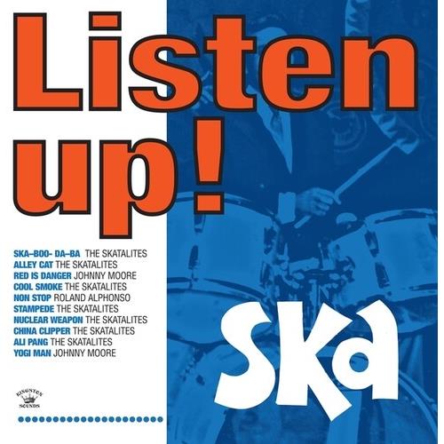 Blue and white vinyl record cover featuring a drummer and bold orange text