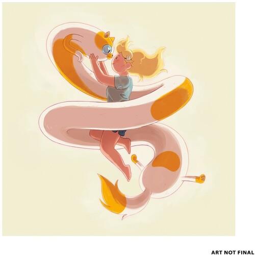 Pink vinyl record sleeve featuring an illustration of a blonde girl hugging a large pink and orange 