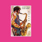 Illustrated album cover featuring a man playing a golden saxophone