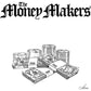 Black and white illustration of stacked currency bundles and coin rolls beneath gothic lettering