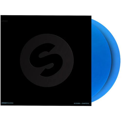 Translucent blue vinyl record partially removed from a black sleeve with a large circular logo