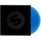 Translucent blue vinyl record partially removed from a black sleeve with a large circular logo