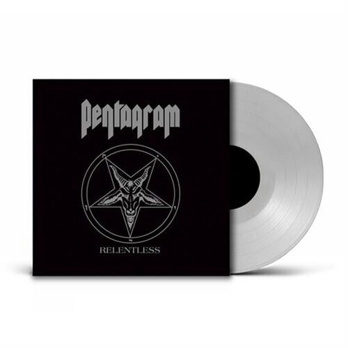 Clear vinyl LP with black sleeve featuring a silver pentagram and goat skull design