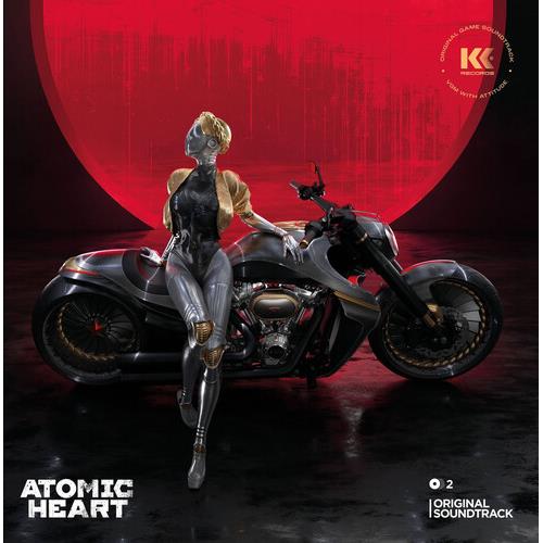 Silver and gold robot woman leaning against a black motorcycle with a red circular background