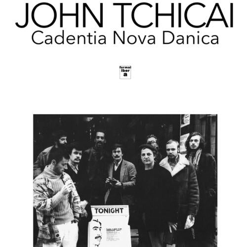 Black and white album cover featuring a group of men standing on a street