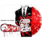 Red and white splatter vinyl record partially removed from illustrated album sleeve