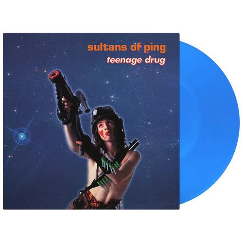 Translucent blue vinyl record partially removed from its sleeve featuring a sci-fi themed cover art