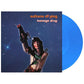 Translucent blue vinyl record partially removed from its sleeve featuring a sci-fi themed cover art