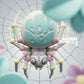 Stylized pastel spider figurine with a round body and colorful lettering
