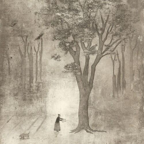 Sepia-toned illustration of a figure standing near a large tree in a forest