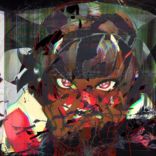 Abstract digital artwork featuring a glitch-style face with red eyes and fragmented colors