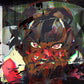 Abstract digital artwork featuring a glitch-style face with red eyes and fragmented colors