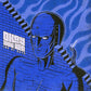 Blue vinyl record cover featuring a surreal illustration of a brick-faced figure with stairs and a s