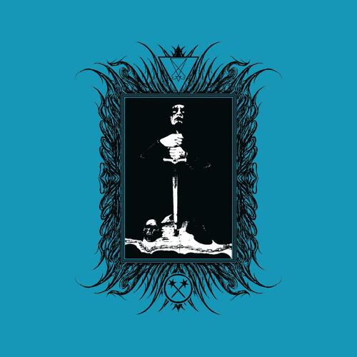 Black and white illustration of a figure holding a sword within an ornate frame on a teal background
