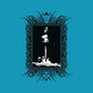 Black and white illustration of a figure holding a sword within an ornate frame on a teal background