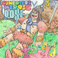 Colorful illustrated album cover featuring a cartoon caveman surrounded by mushrooms and creatures