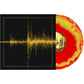 Red and yellow marbled vinyl record partially removed from black sleeve with gold waveform graphic
