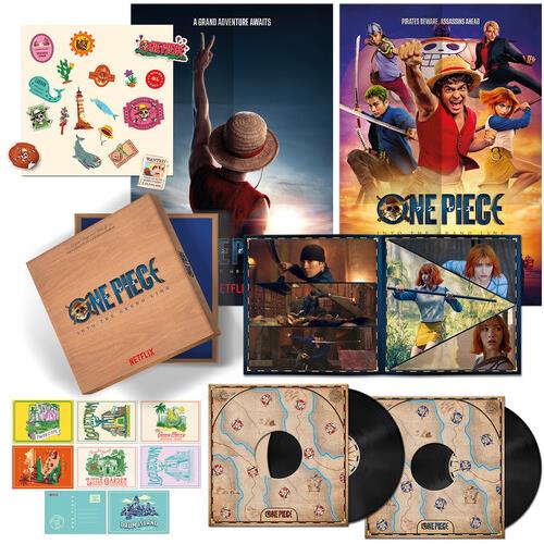 One Piece Netflix soundtrack vinyl LP set with illustrated gatefold sleeve and character art prints