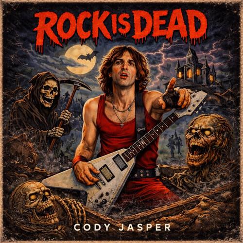 Illustrated album cover featuring a guitarist in a red tank top playing a white V-shaped electric gu