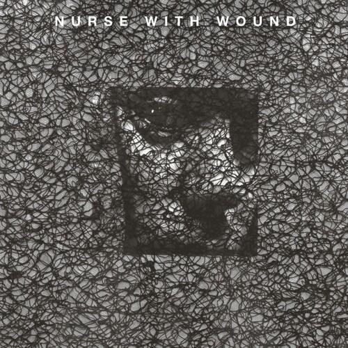 Black and white album cover with a dense web-like pattern and a central square portrait