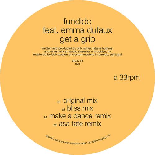Orange vinyl record label with black text listing track titles and production credits