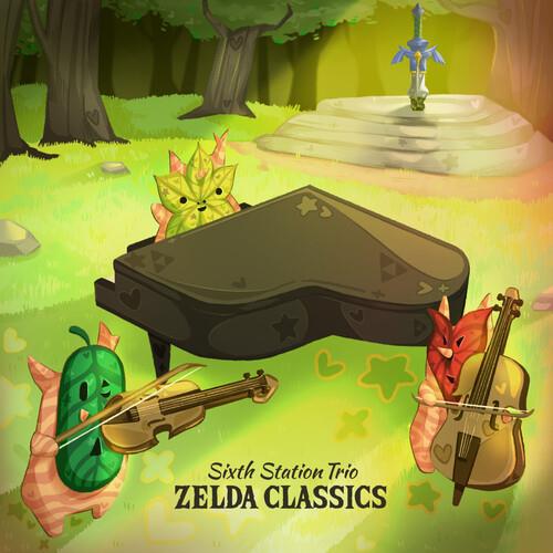 Green vinyl record cover featuring three cartoon characters playing piano, violin, and cello in a fo