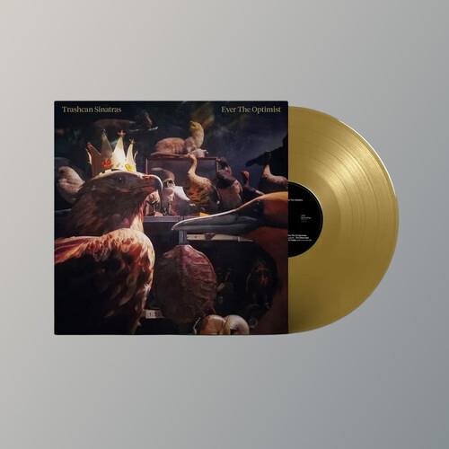 Gold vinyl record partially removed from illustrated album sleeve featuring a bird wearing a crown