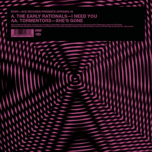 Pink and black vinyl record sleeve with a hypnotic spiral pattern and a black label strip
