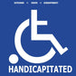 Blue vinyl record sleeve featuring a white wheelchair symbol with a knife blade and the word "Handic