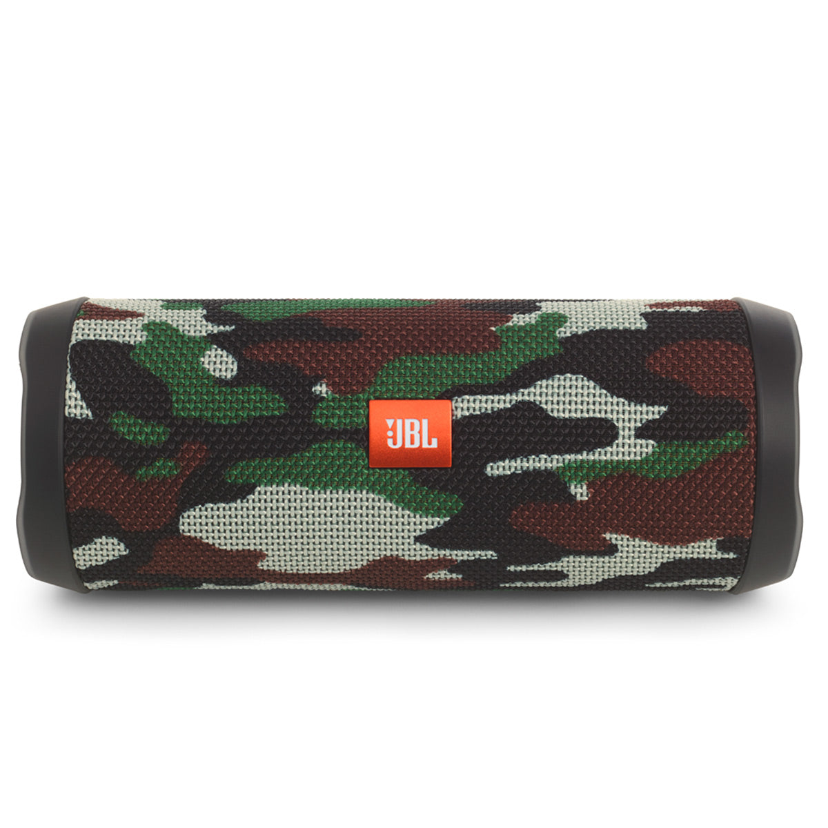 Cylindrical portable speaker with camouflage fabric grille and orange logo