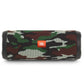 Cylindrical portable speaker with camouflage fabric grille and orange logo