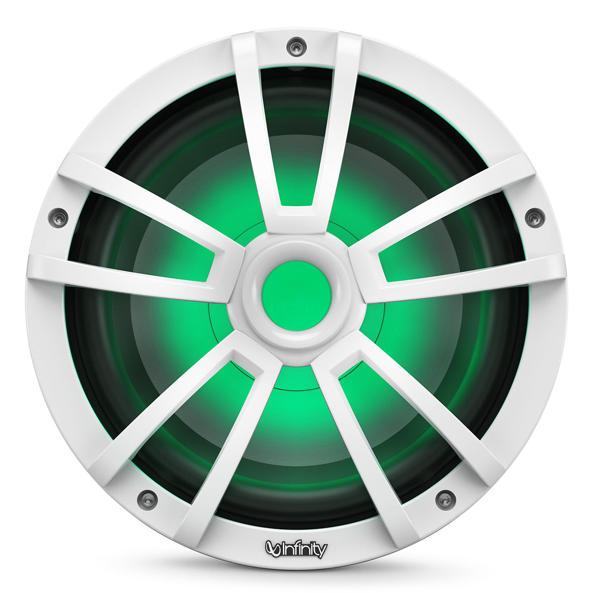 White marine subwoofer with green RGB lighting and a multi-spoke grille