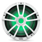 White marine subwoofer with green RGB lighting and a multi-spoke grille