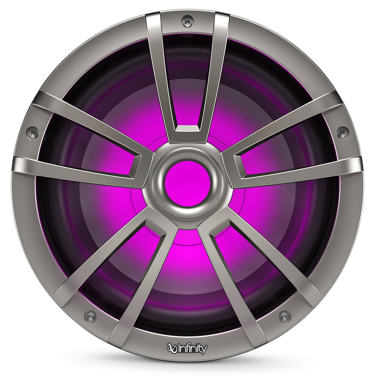 Titanium-finish marine subwoofer with purple RGB lighting and a multi-spoke grille