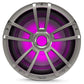 Titanium-finish marine subwoofer with purple RGB lighting and a multi-spoke grille