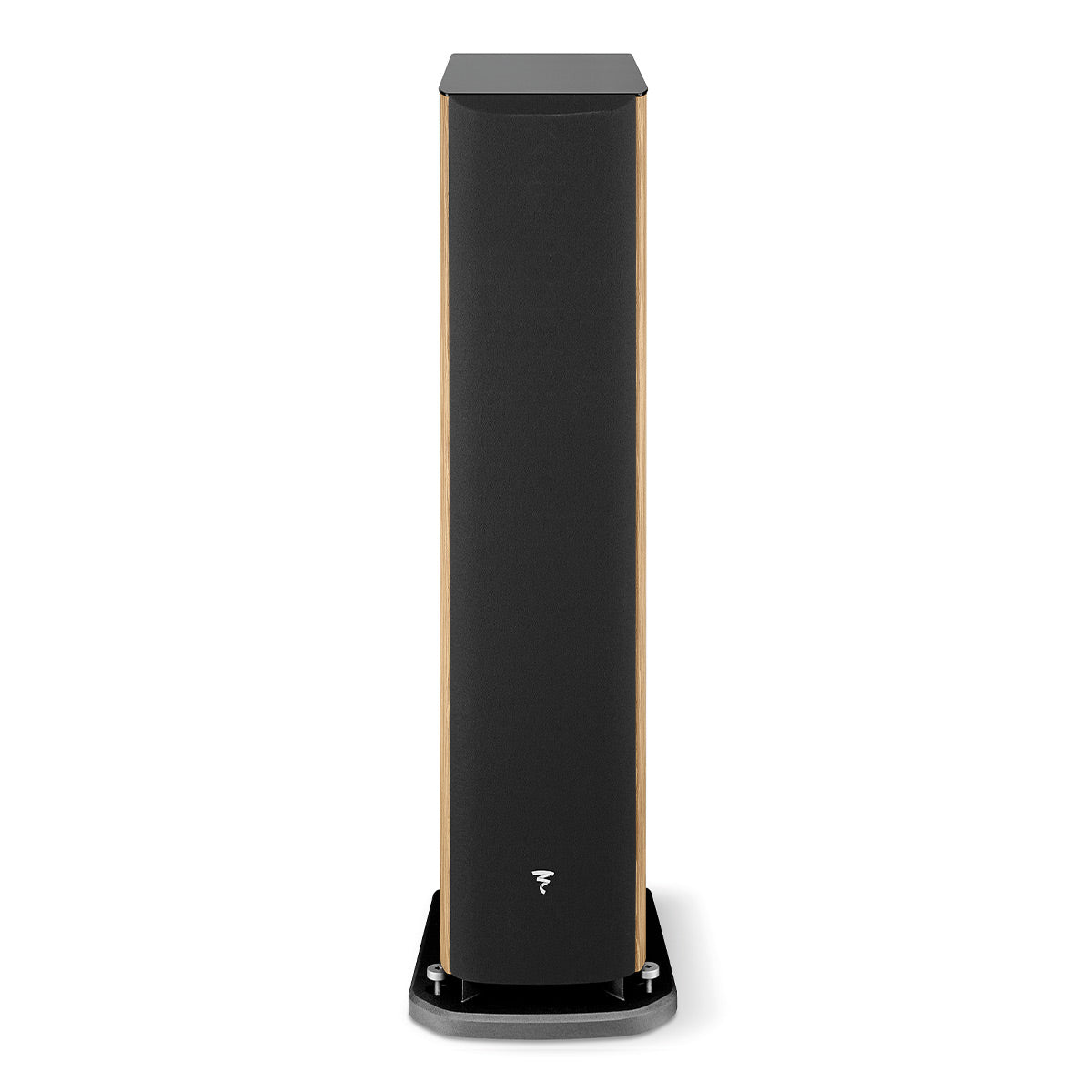 Tall floorstanding speaker with black fabric grille and walnut wood side panels