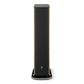 Tall floorstanding speaker with black fabric grille and walnut wood side panels