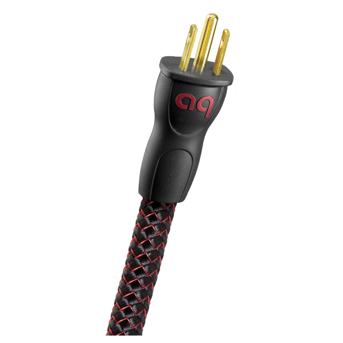 Black and red braided power cable with gold-plated three-prong plug and red logo