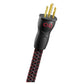 Black and red braided power cable with gold-plated three-prong plug and red logo