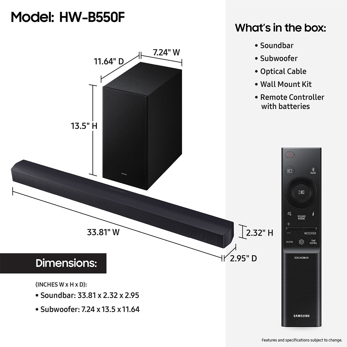 Samsung HW-B550F 2.1 Channel Soundbar and Wireless Subwoofer
