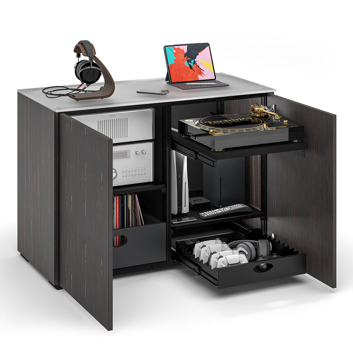 Salamander Chameleon Collection Manhattan 323 Twin AV Cabinet (Maro Ebony Doors and Sides, Matte Taupe Glass Top)