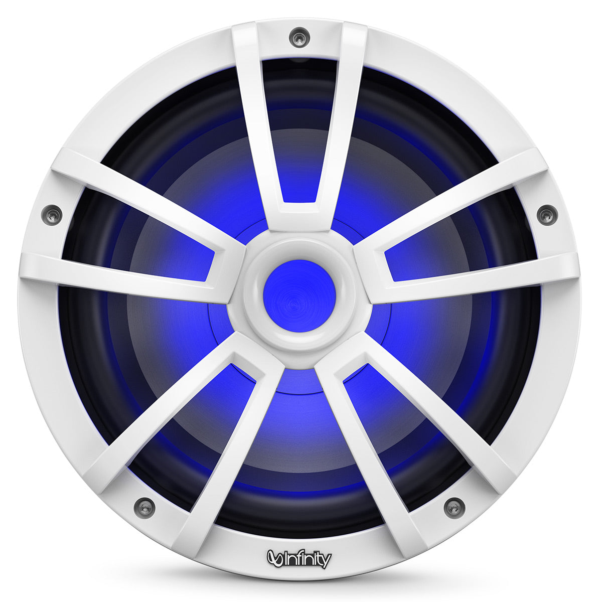 White marine subwoofer with blue LED illumination and a multi-spoke grille