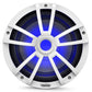 White marine subwoofer with blue LED illumination and a multi-spoke grille