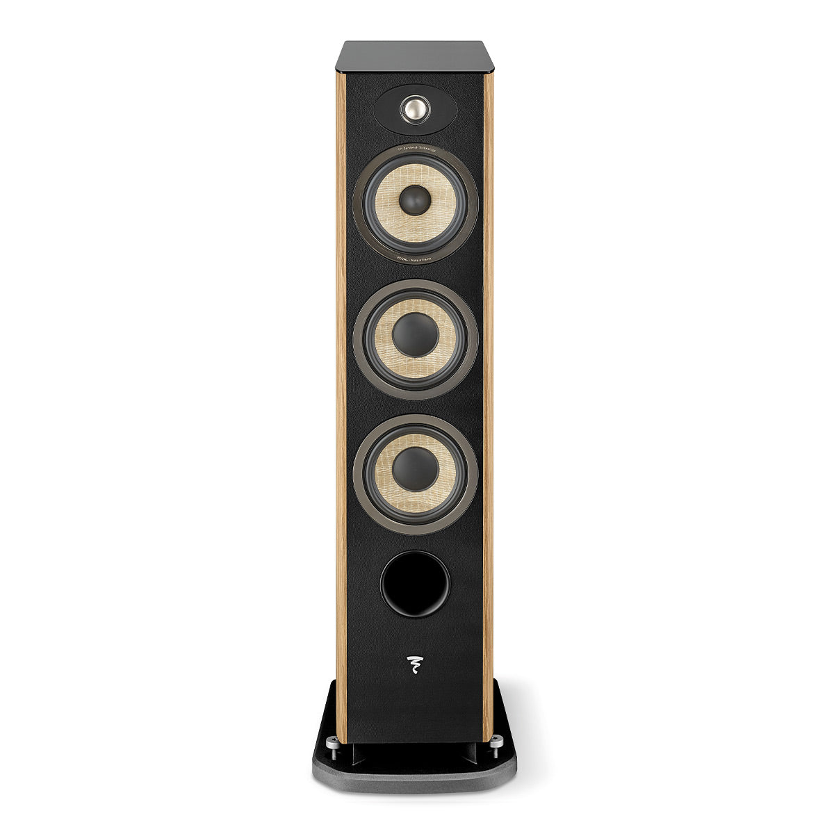 Tall floorstanding speaker with walnut wood side panels and three woven fiber drivers
