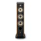 Tall floorstanding speaker with walnut wood side panels and three woven fiber drivers