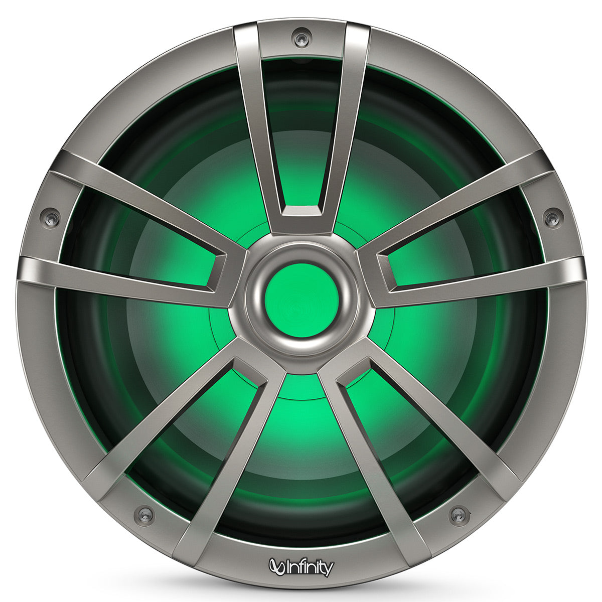 Titanium-finish marine subwoofer with green RGB lighting and a multi-spoke grille