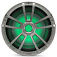 Titanium-finish marine subwoofer with green RGB lighting and a multi-spoke grille