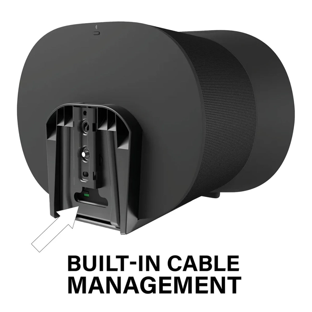 Black wall mount bracket with built-in cable management for a cylindrical speaker