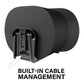 Black wall mount bracket with built-in cable management for a cylindrical speaker